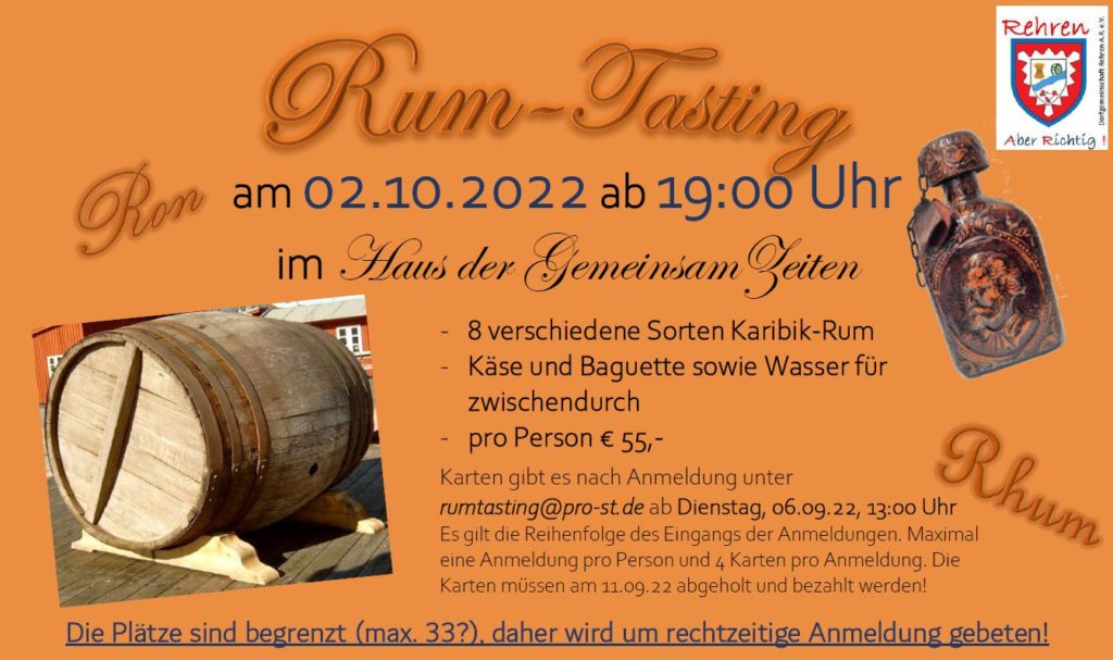 Flyer zur Ankündigung eines Rum-Tastungs am 02.10.2022 im Haus der GemeinsamZeiten in Rehren